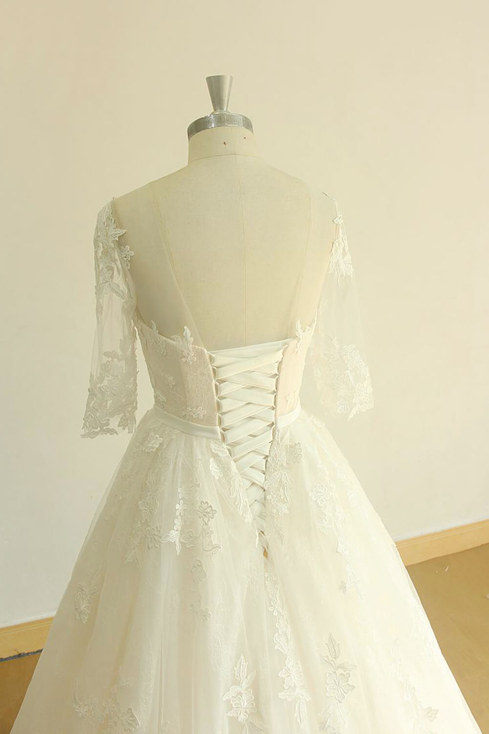 A-line Jewel Neck Half-Sleeves Floor-length Tulle Wedding Dress With Appliques 4