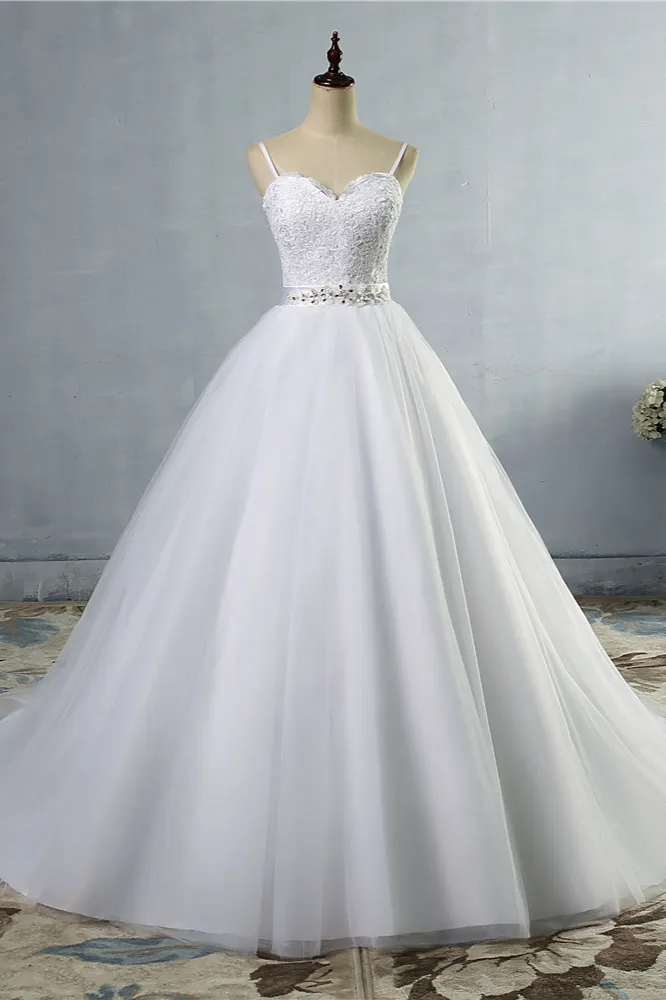 A-line Spaghetti Straps Sweetheart Neck Floor-length Tulle Bridal Gown With Appliques 1