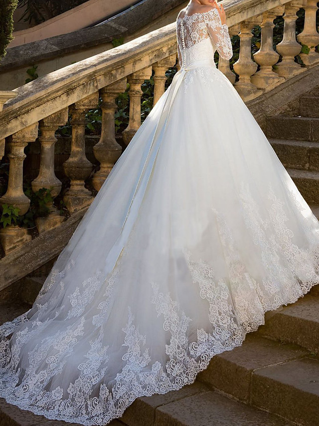 Ball Gown Long Sleeves Chapel Train Tulle Bridal Gown With Ribbons 3