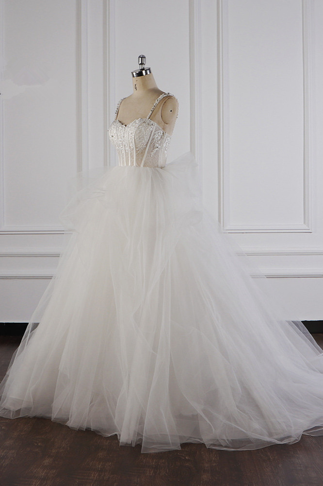 A-line Straps Sweetheart Neck Sleeveless Floor-length Tulle Wedding Dress With Appliques 3