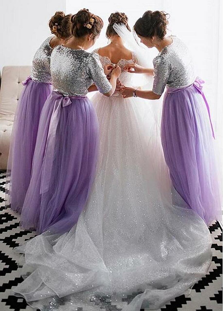 A-line Jewel Neck 3/4-Length Sleeves Floor-length Bridesmaid Attire 6