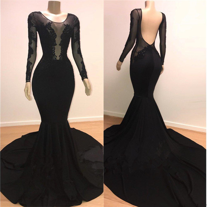 Mermaid Scoop Neck Long Sleeves Sweep / Brush Train Formal Dress With Appliques 2
