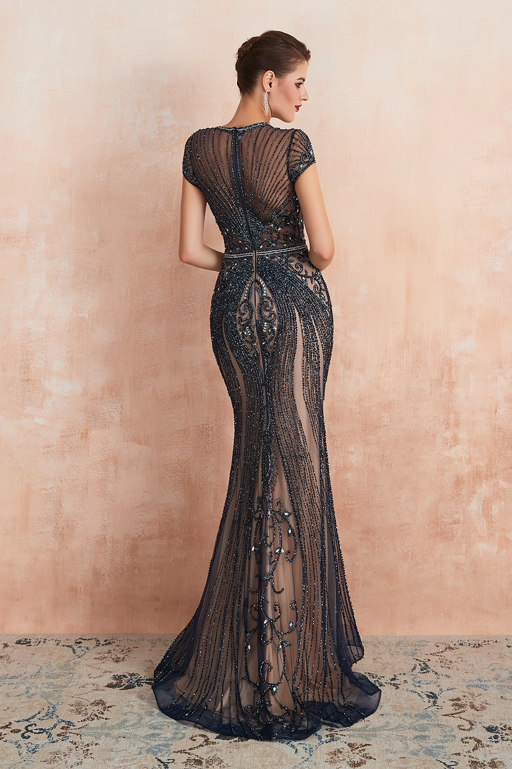 Mermaid Jewel Neck Short Sleeves Sweep / Brush Train Tulle Evening Dress With Beading 18