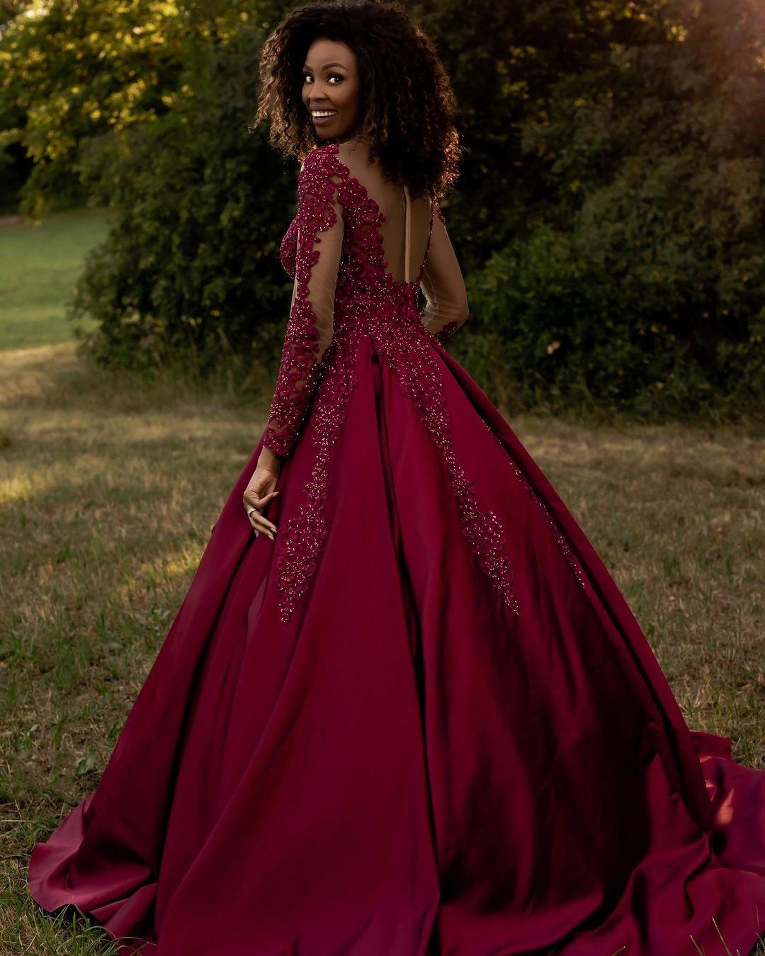 A-line Sweetheart Neck Long Sleeves Court Train Satin Wedding Gown With Lace 2