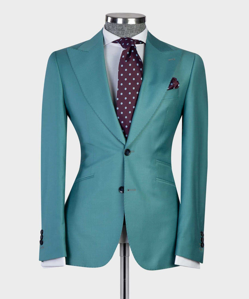 Green Peaked Lapel Two Buttons Business Men Suit 2