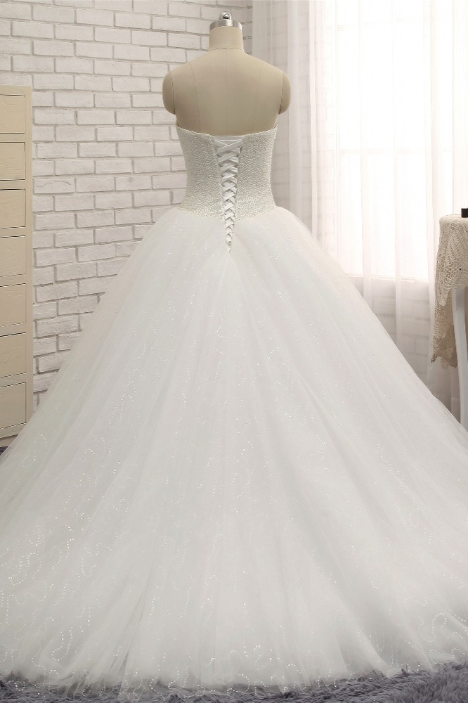 A-line Sweetheart Neck Floor-length Tulle Wedding Gown With Pearls 2