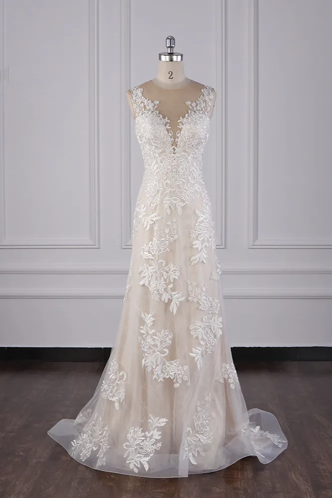 Mermaid Jewel Neck Sleeveless Floor-length Tulle Wedding Dress With Appliques 1