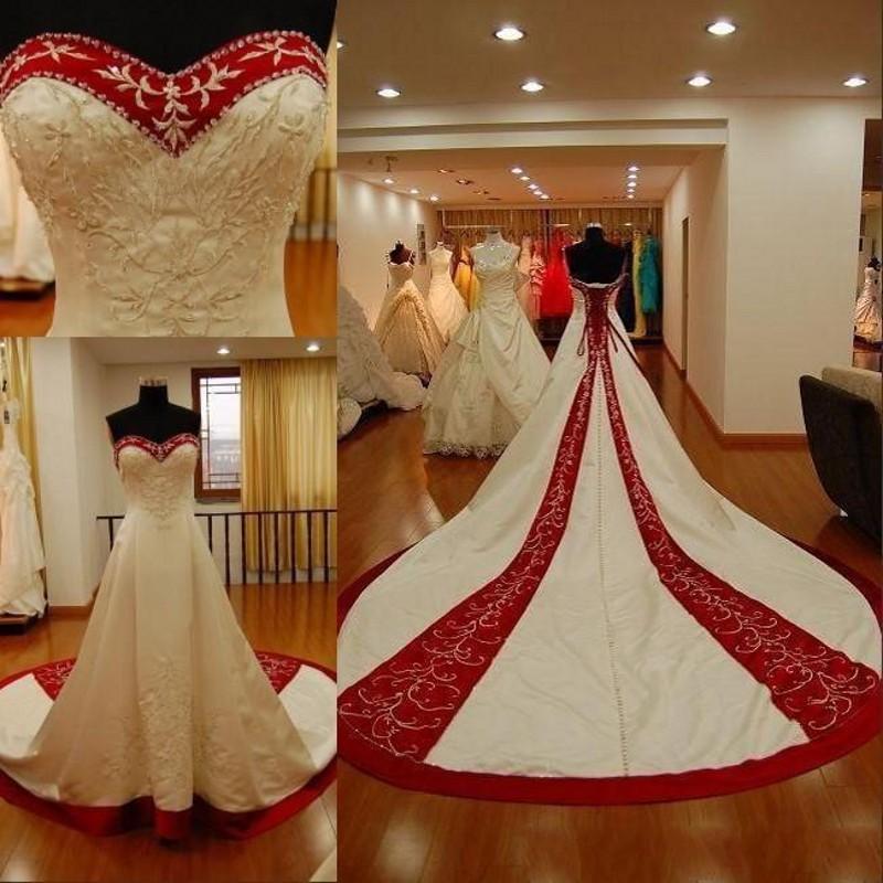 A-line Sweetheart Neck Sleeveless Cathedral Train Satin Wedding Gown With Embroidery 2