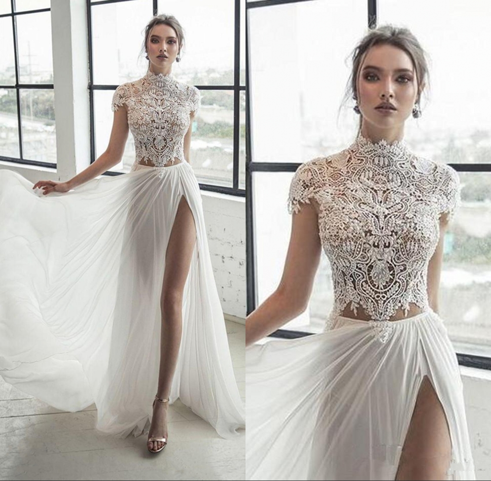 A-line High Neck Cap Sleeves Sweep / Brush Train Lace Bridal Gown With Lace 2