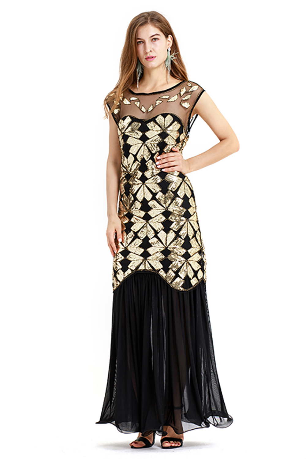 Cap sleeves Long Black Cocktail Dresses | Shining Sequined Dress -  and  Style 10