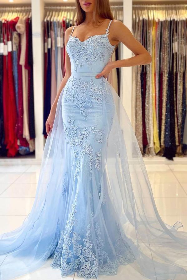 Mermaid Spaghetti Straps Sleeveless Floor-length Lace Evening Dress With Appliques 1