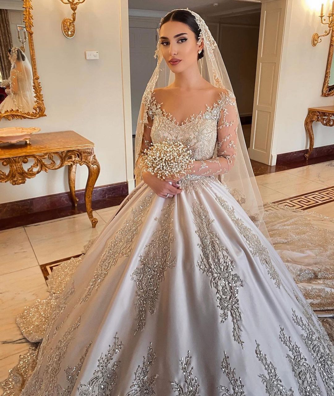 Jewel Neck Long Sleeves Chapel Train Satin Bridal Dress With Lace 5