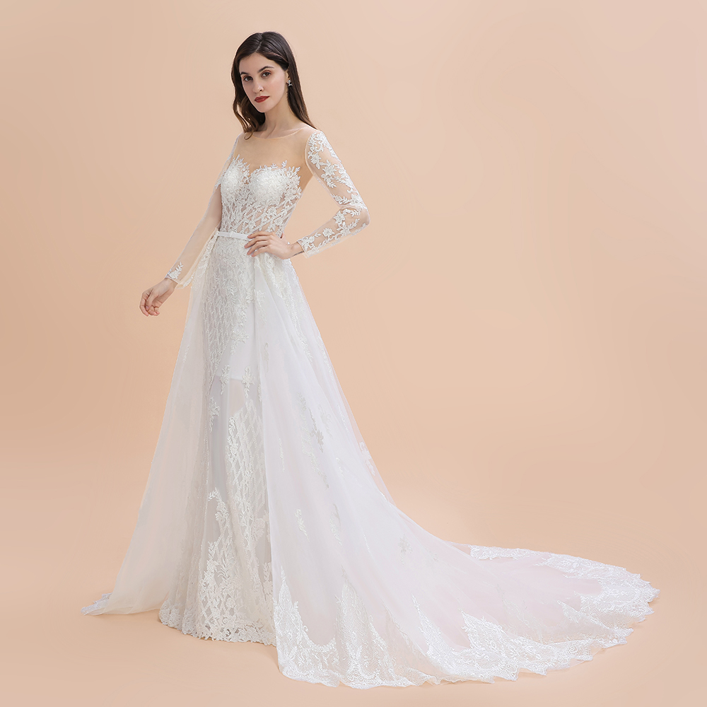 Mermaid Jewel Neck Long Sleeves Chapel Train Tulle Wedding Gown With Lace 13