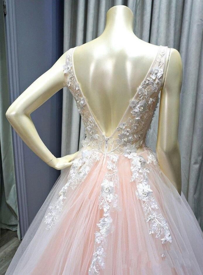 A-line V-neck Sleeveless Floor-length Tulle Evening Dress With Lace 5