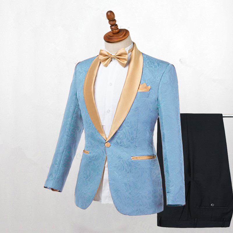 Blue One Button Shawl Lapel Wedding Suit 2