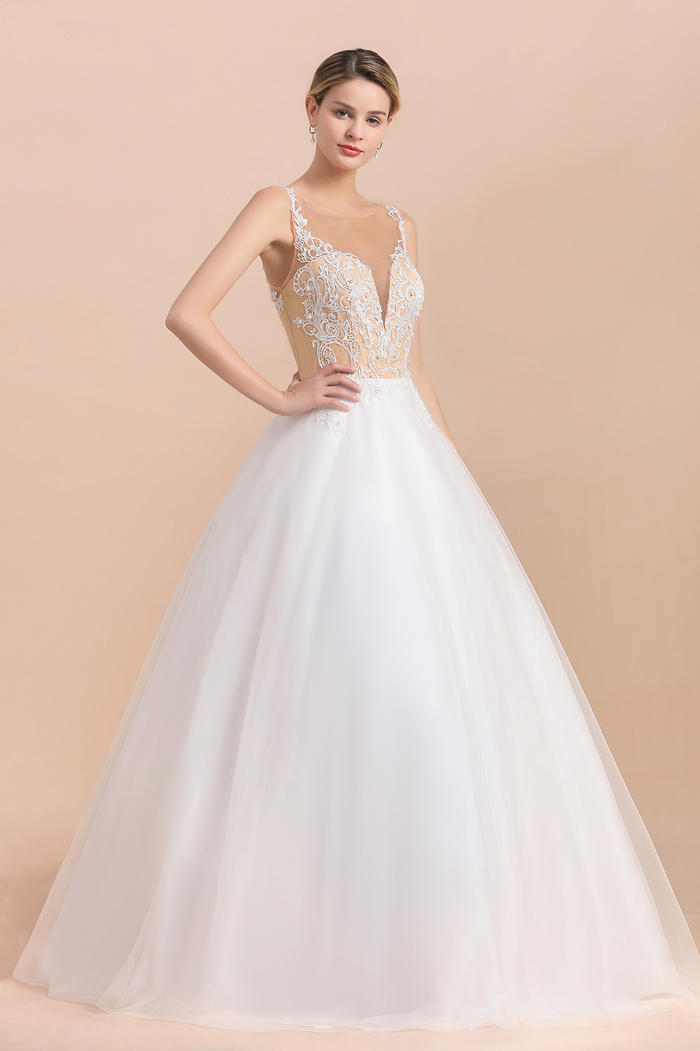 A-line Jewel Neck Sleeveless Floor-length Tulle Wedding Dress With Pearls 6