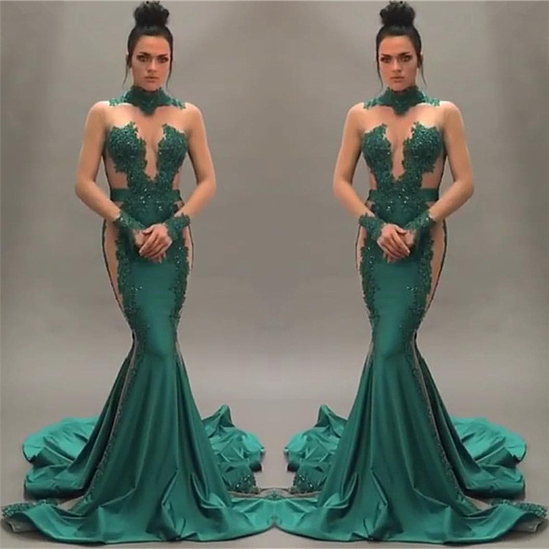 Mermaid High Neck Court Train Stretch Satin Evening Gown With Lace 2
