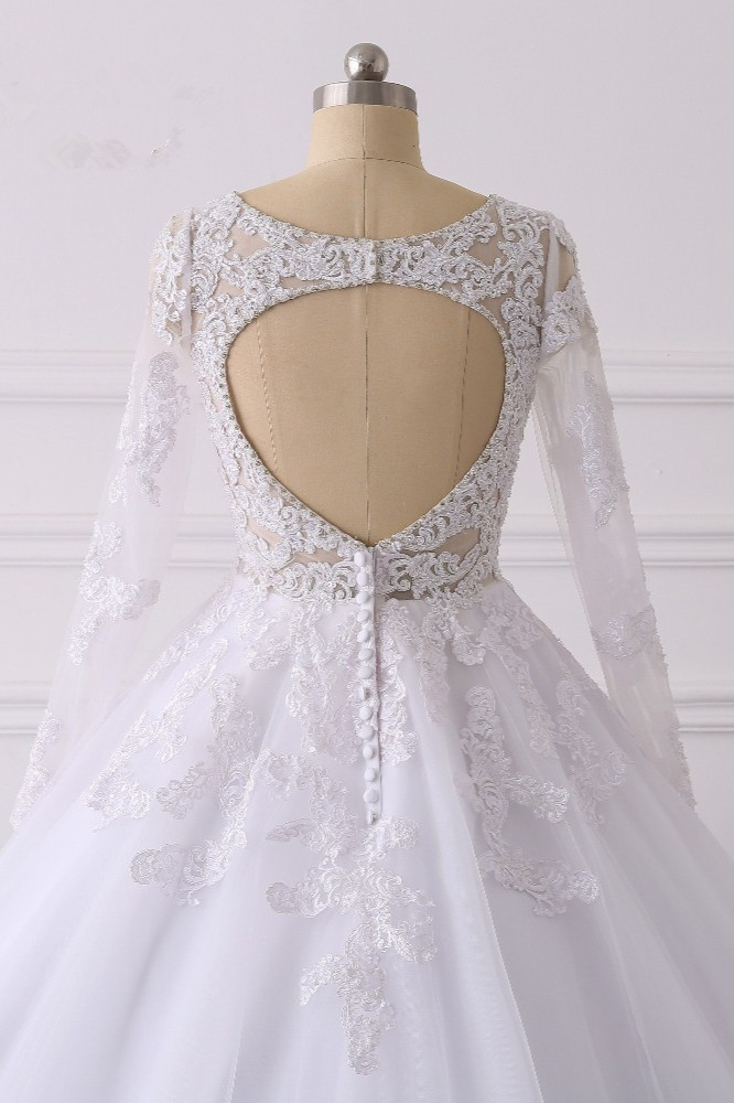A-line V-neck Long Sleeves Floor-length Tulle Bridal Attire With Appliques 6