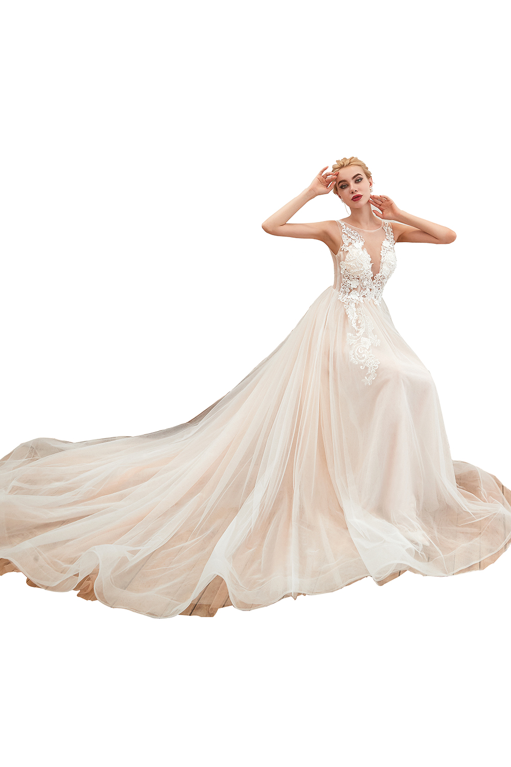 Ball Gown Jewel Neck Sleeveless Chapel Train Tulle Wedding Gown With Rhinestone 3