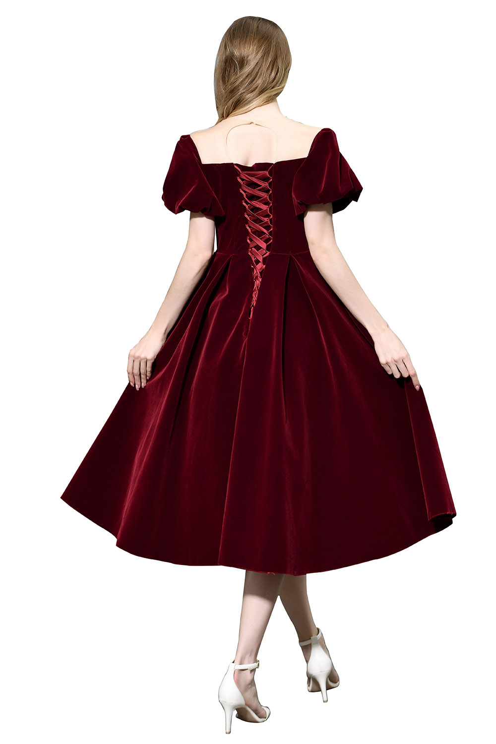 A-line Jewel Neck Short Sleeves Tea-length Velvet Homecoming Dress With Pearls 10