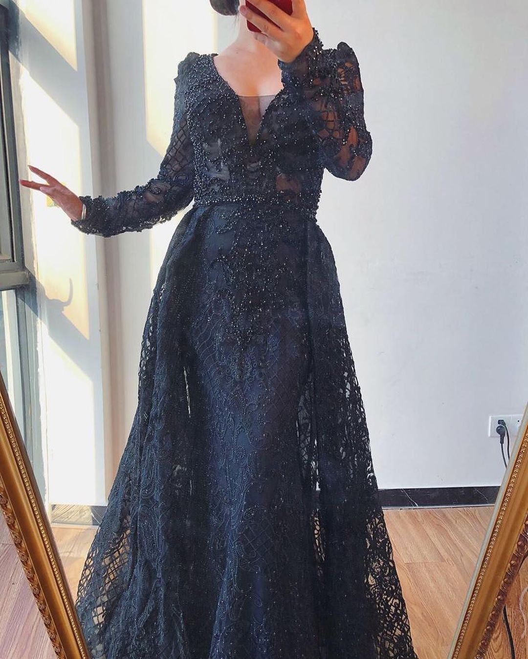 A-line Jewel Neck Long Sleeves Floor-length Lace Evening Gown With Ruffles 4