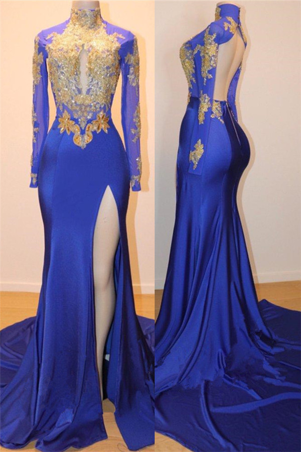 Column High Neck Long Sleeves Sweep / Brush Train Evening Dress With Appliques 1