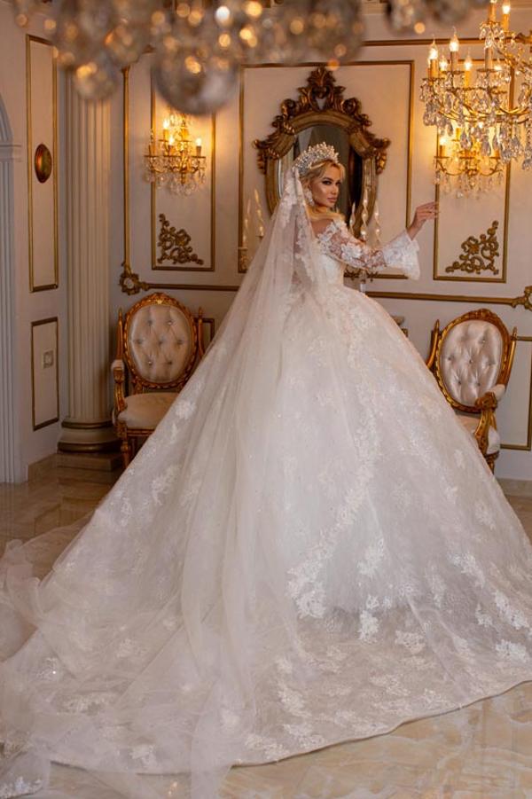 Dramatic Shimmer Tulle Ball Gown with Bishop Sleeves and 3D Lace 2