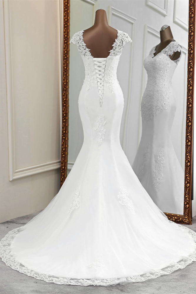 Mermaid V-neck Sleeveless Floor-length Tulle Wedding Dress With Lace 2