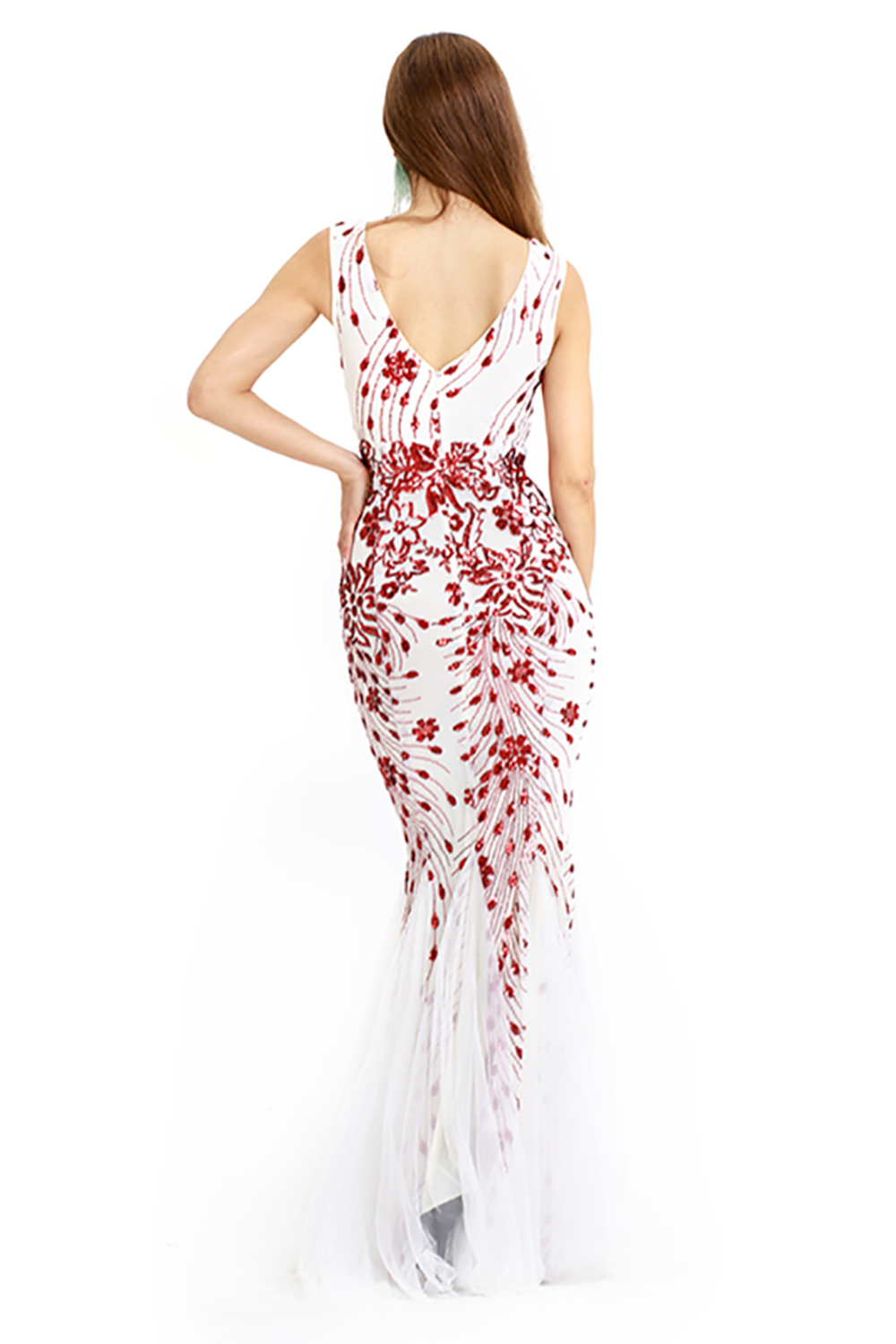 Deep V-neck Mermaid Evening Dress with Ruby Beads 2