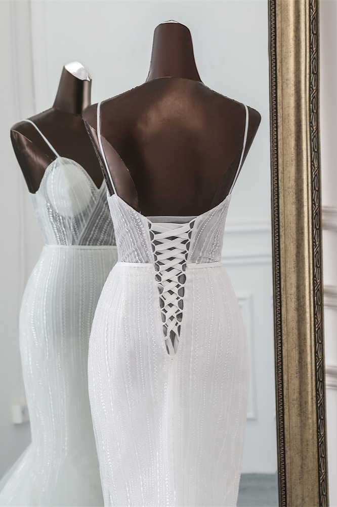 Mermaid Spaghetti Straps V-neck Sleeveless Floor-length Tulle Bridal Dress With Beading 6