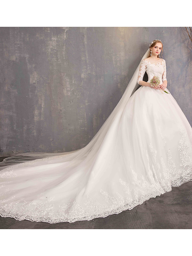 Ball Gown Half-Sleeves Chapel Train Lace Bridal Gown With Lace 5