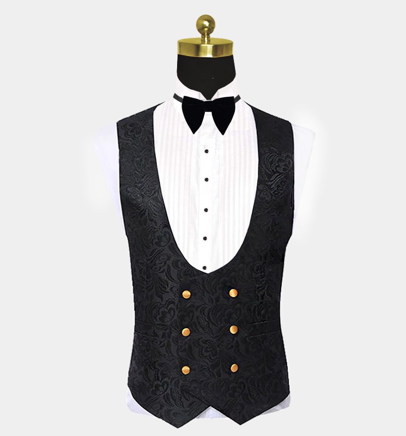 Black Jacquard Tuxedo with Gold Shawl Lapel 3