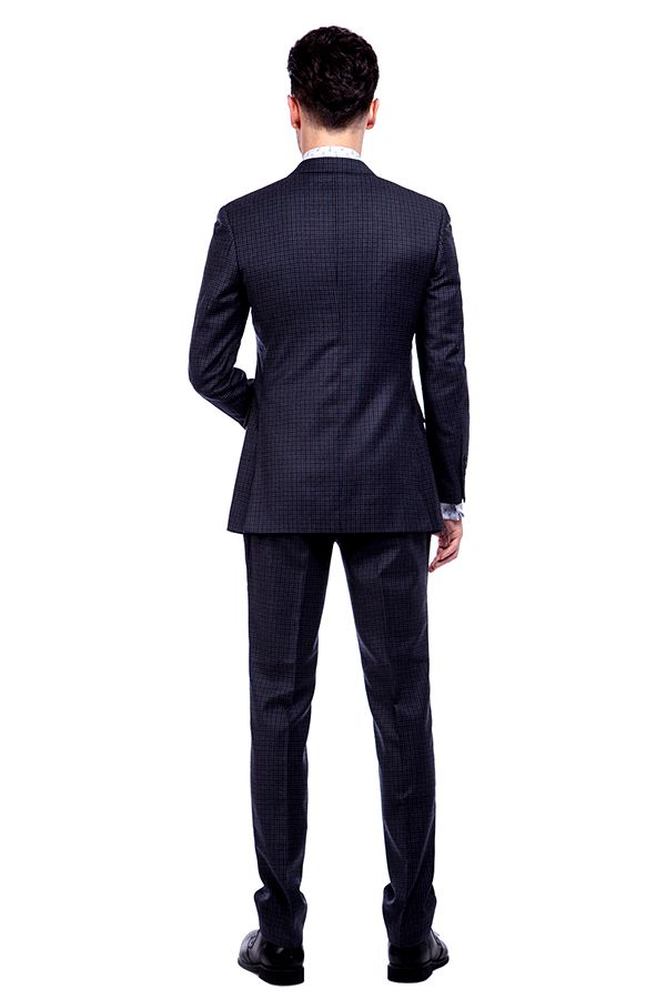 Dark Gray Small Checked Wool Blend Men's Suit with Peak Lapel 3