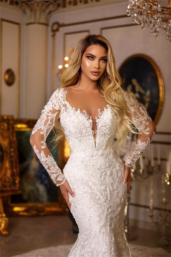 Mermaid Sweetheart Neck Long Sleeves Chapel Train Lace Wedding Dress With Ruffles 3