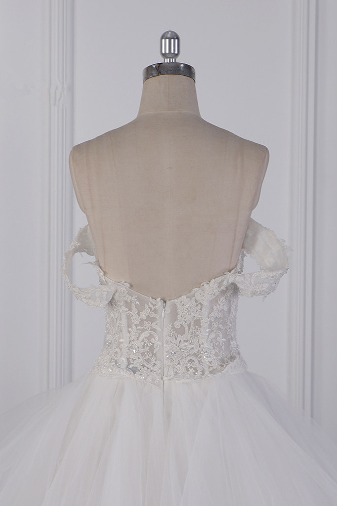 A-line Off-the-shoulder Sweetheart Neck Sleeveless Floor-length Tulle Bridal Dress With Ruffles 6