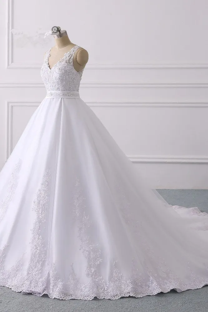 A-line V-neck Sleeveless Floor-length Satin Bridal Dress With Appliques 3