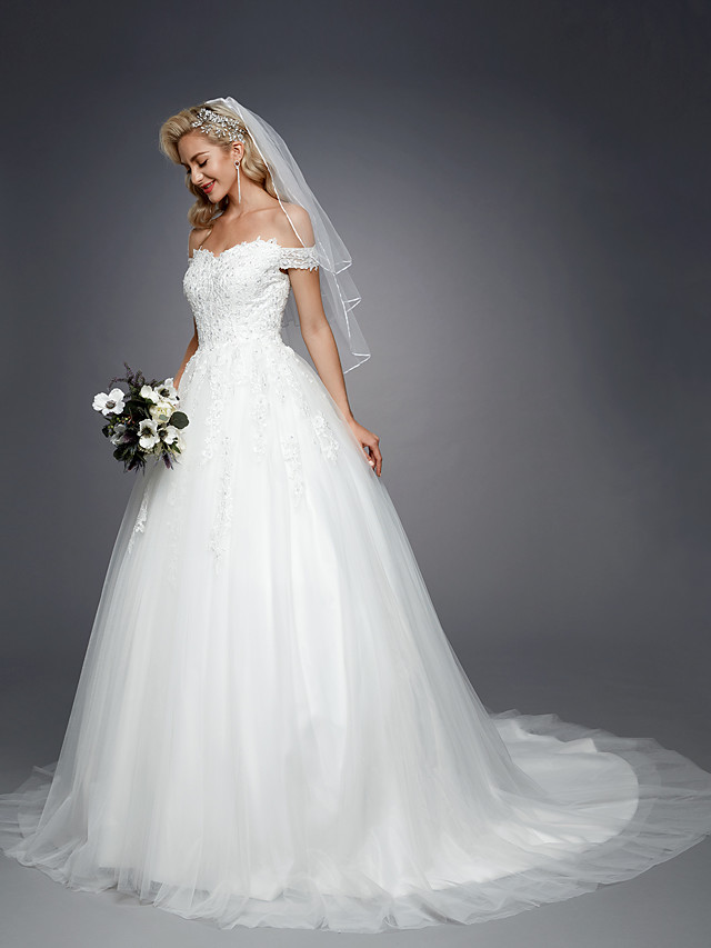 Ball Gown Short Sleeves Court Train Tulle Bridal Gown With Lace 7
