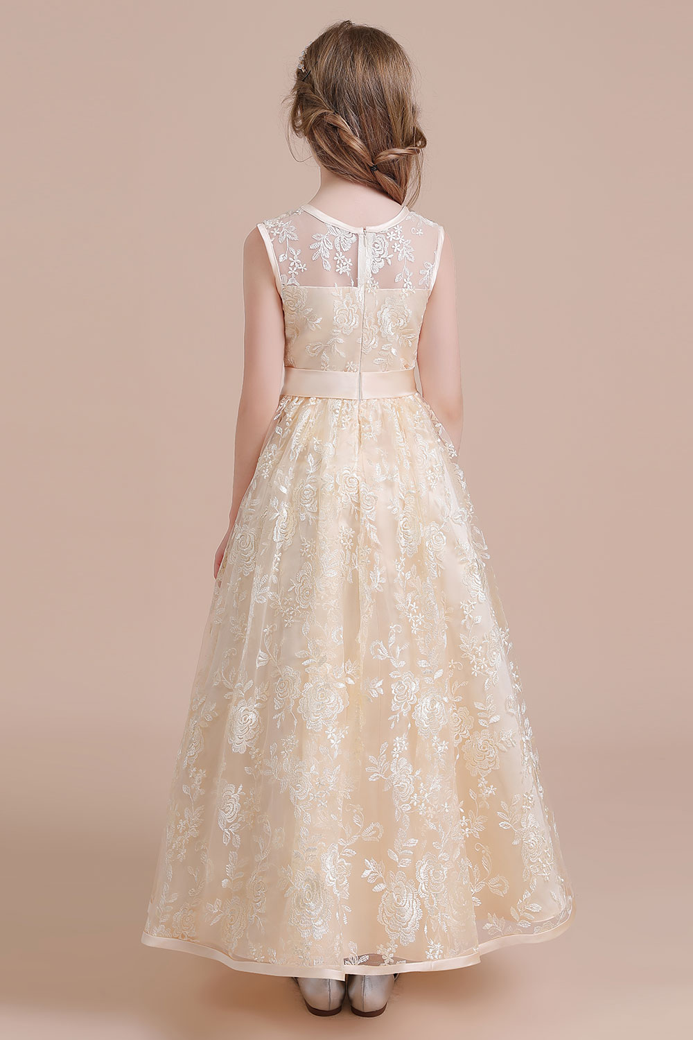 A-line Jewel Neck Sleeveless Ankle-length Tulle Flower Girl Dress With Embroidery 2