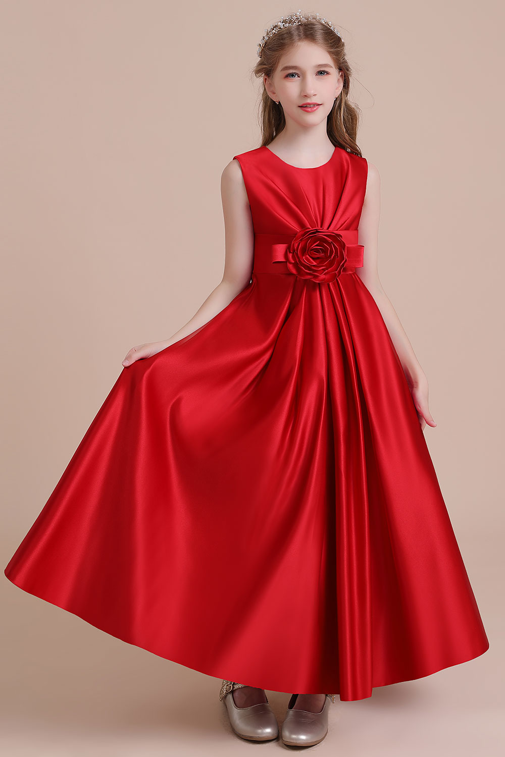 A-line Jewel Neck Sleeveless Ankle-length Satin Flower Girl Dress With Flower(s) 5