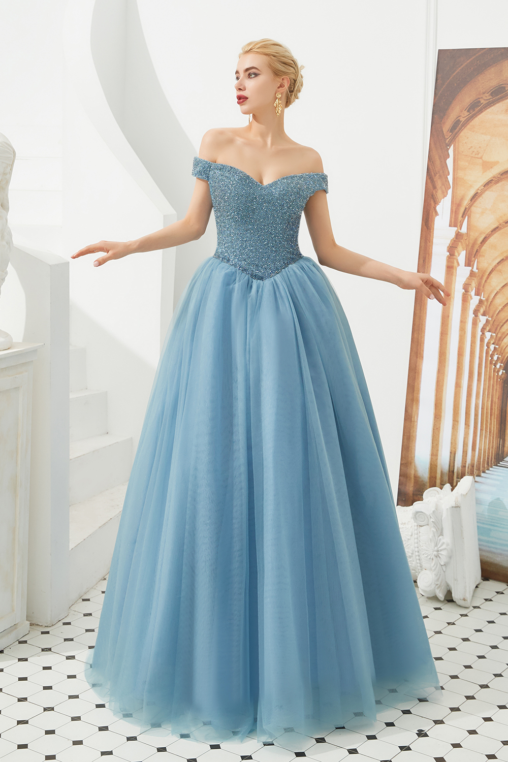Off-the-shoulder Cap Sleeves Sweep / Brush Train Tulle Formal Dress With Beading 14