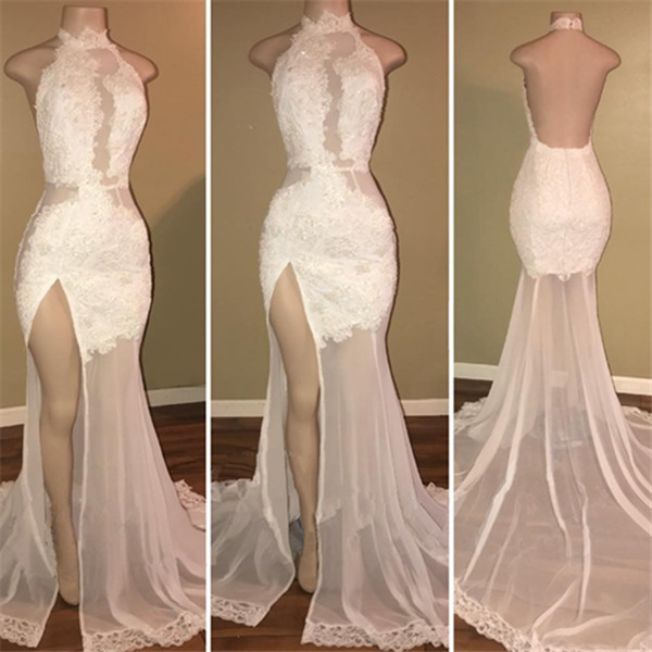 Mermaid Halter-neck Sleeveless Court Train Tulle Evening Dress With Lace 2