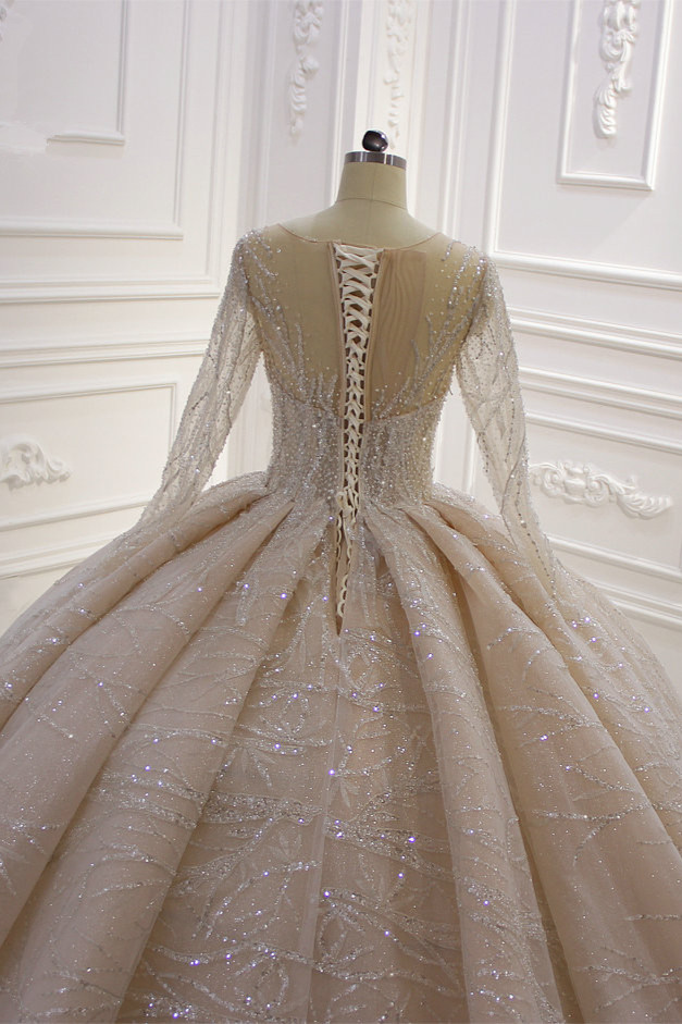 Ball Gown Jewel Neck Long Sleeves Floor-length Tulle Bridal Dress With Beading 5