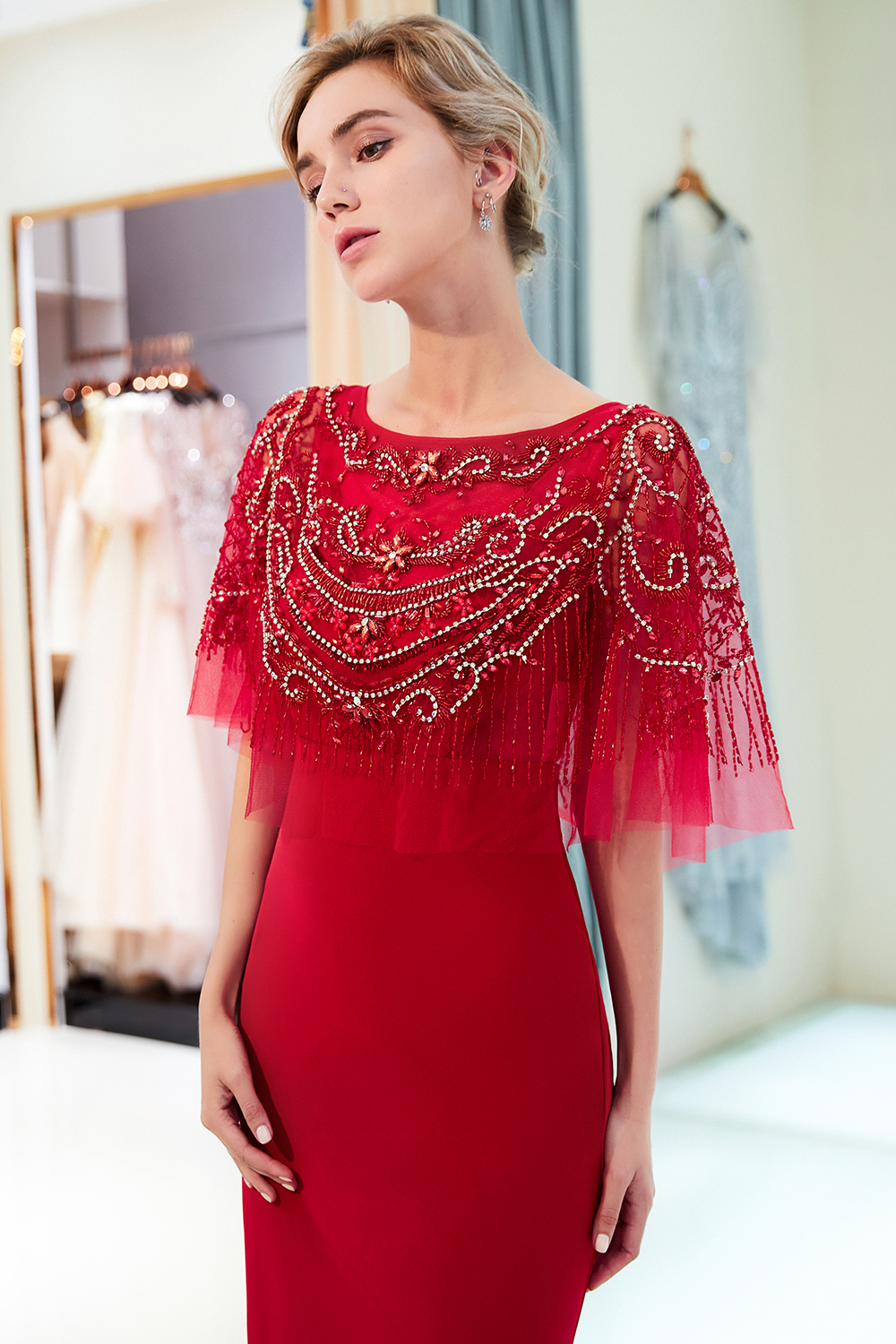 Mermaid Jewel Neck Sleeveless Court Train Stretch Satin Evening Dress With Beading 13