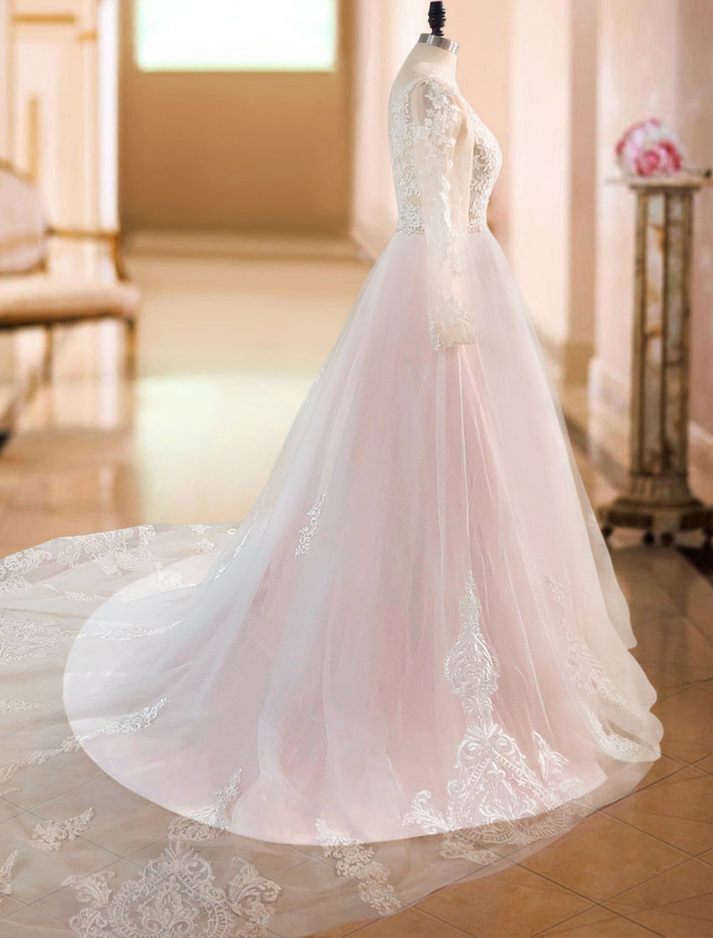 A-line V-neck Long Sleeves Chapel Train Lace Bridal Gown With Lace 5