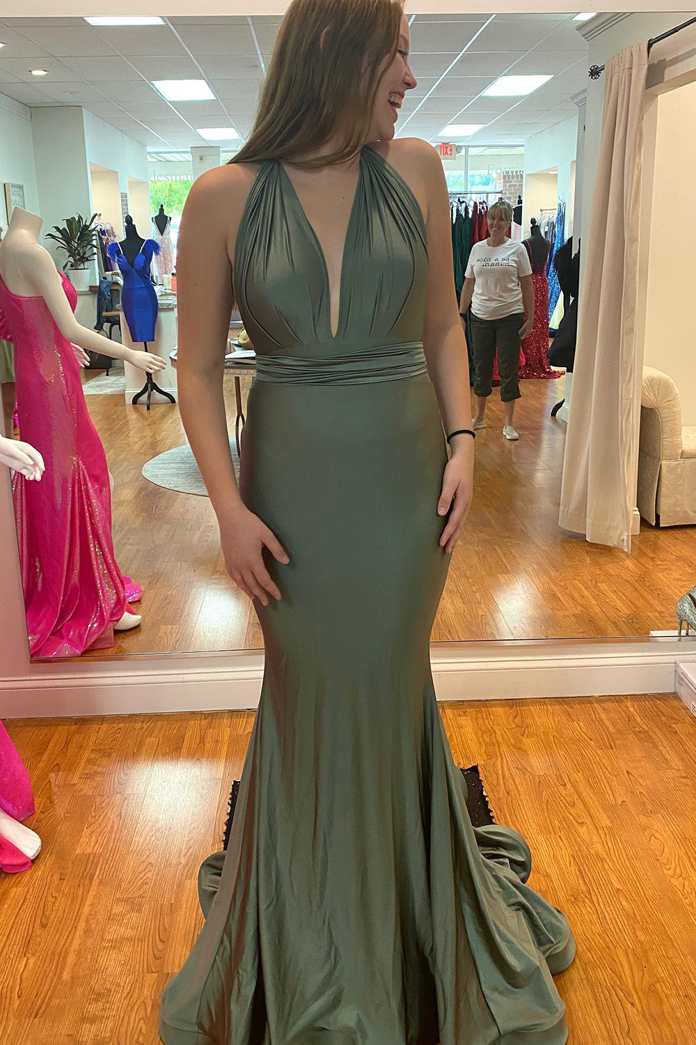 Mermaid Plunging Neckline Sleeveless Floor-length Stretch Satin Evening Dress With Bow 6