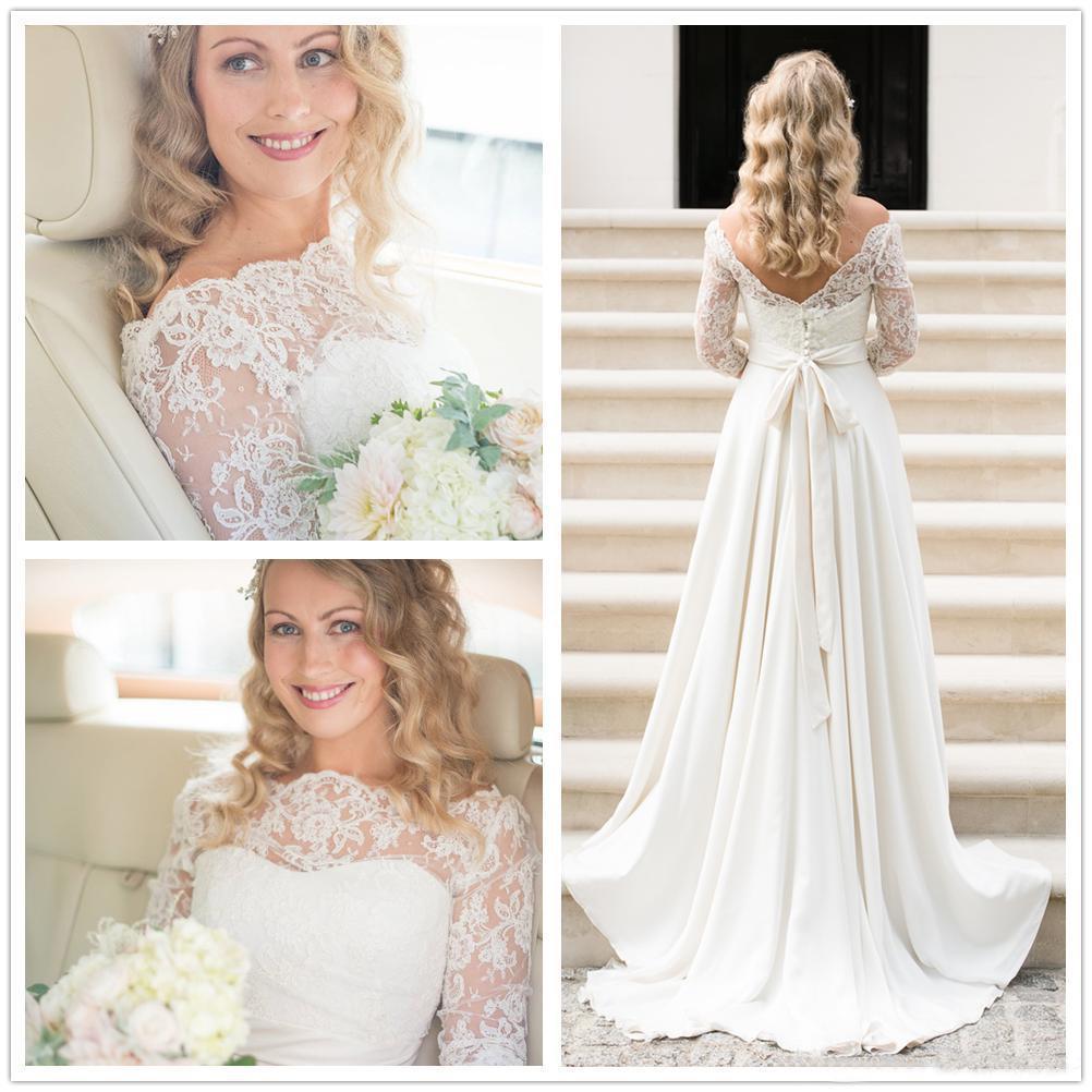 A-line Off-the-shoulder Sweep / Brush Train 100D Chiffon Wedding Gown With Lace 5