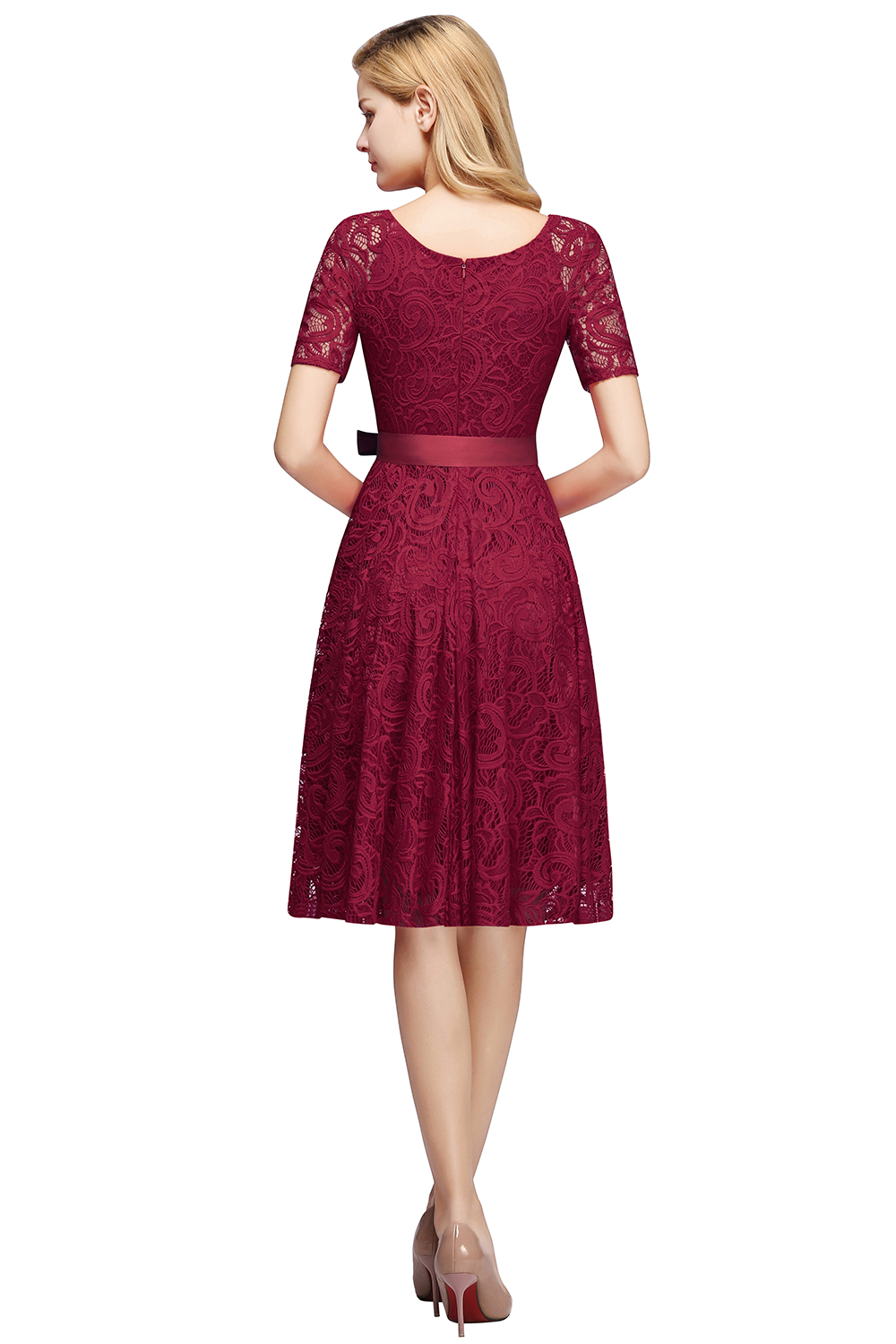 A-line V-neck Short Sleeves Knee-length Lace Bridesmaid Dress With Ribbons 10