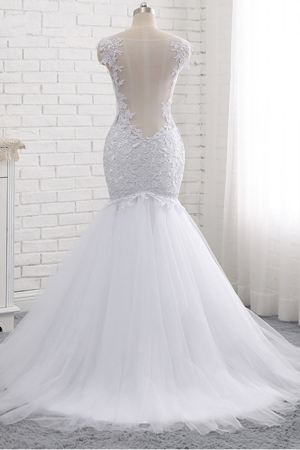 Mermaid V-neck Sleeveless Floor-length Tulle Bridal Dress With Appliques 2