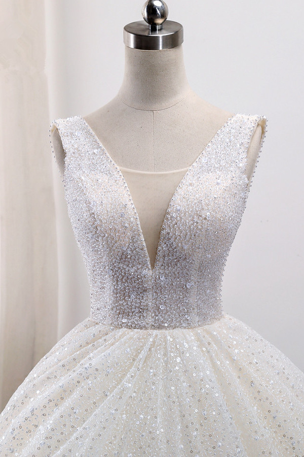 Ball Gown Straps V-neck Sleeveless Floor-length Tulle Wedding Dress With Sequins 4