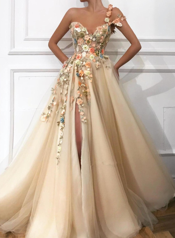 A-line One Shoulder Sleeveless Sweep / Brush Train Tulle Evening Gown With Flower(s) 1